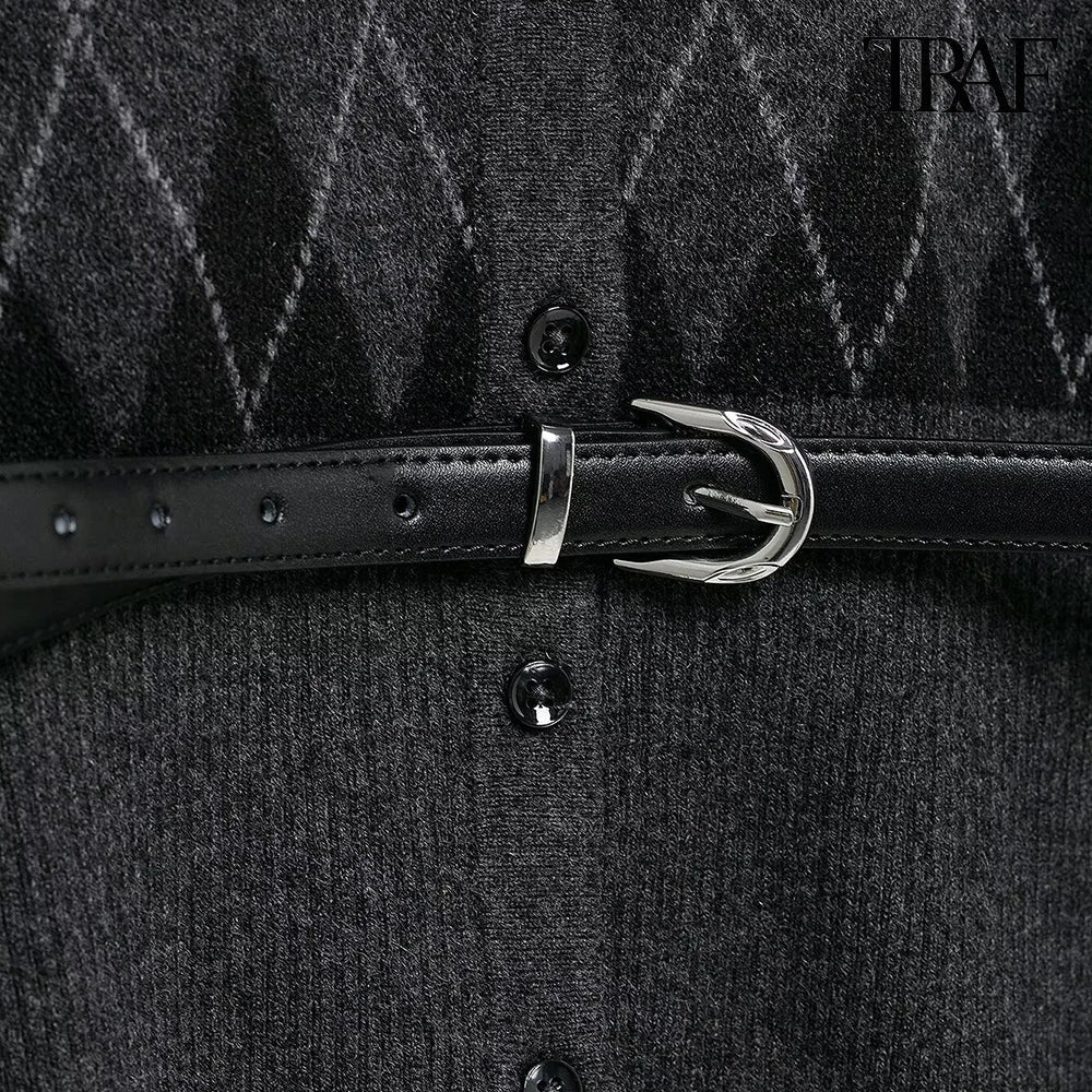 Vintage Elegant Two-Piece Knit Set for Women Diamond Pattern Belted Jacket and Slit Skirt Fall Fashion Ensemble