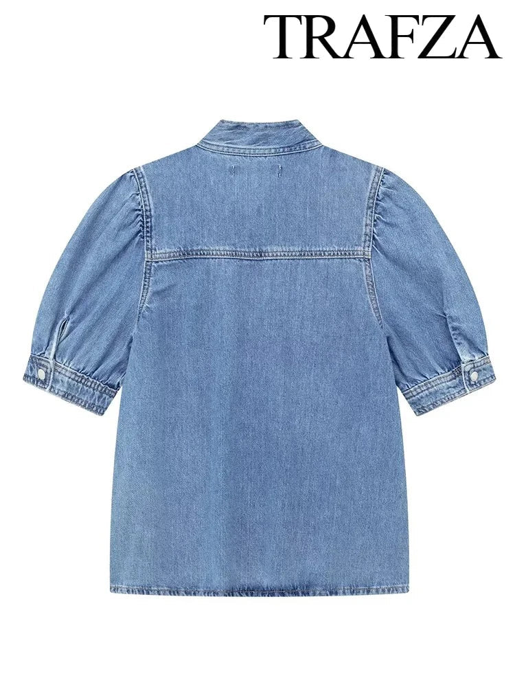 Women's Vintage Denim Two-Piece Set Bow Tie Half Sleeve Shirt and High Waisted Halter Skirt Summer Street Style