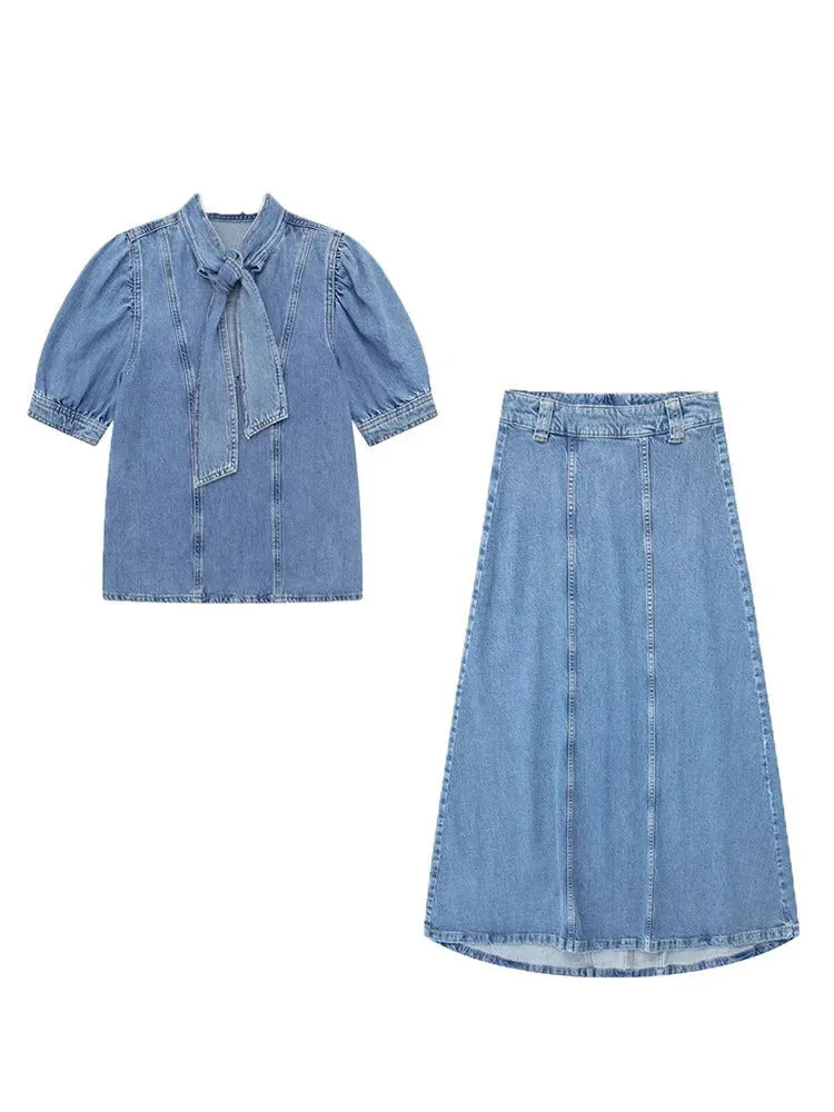 Women's Vintage Denim Two-Piece Set Bow Tie Half Sleeve Shirt and High Waisted Halter Skirt Summer Street Style
