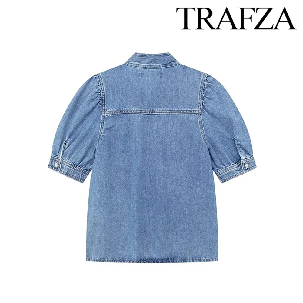 Women's Vintage Denim Two-Piece Set Bow Tie Half Sleeve Shirt and High Waisted Halter Skirt Summer Street Style