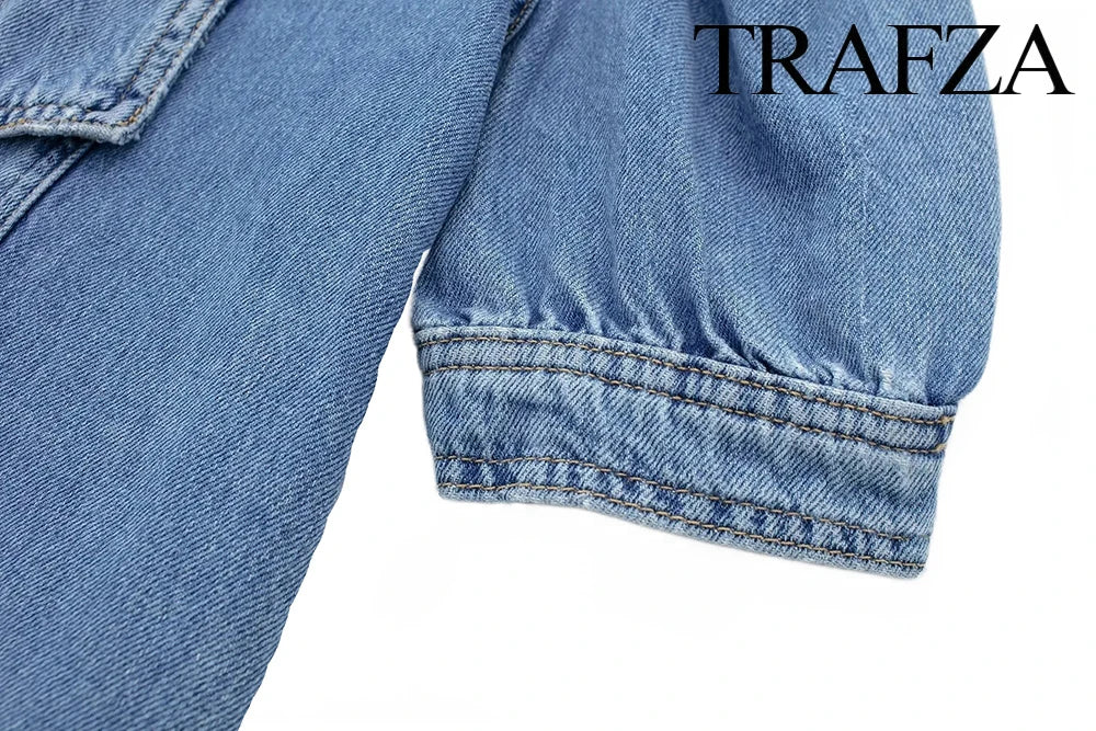 Women's Vintage Denim Two-Piece Set Bow Tie Half Sleeve Shirt and High Waisted Halter Skirt Summer Street Style