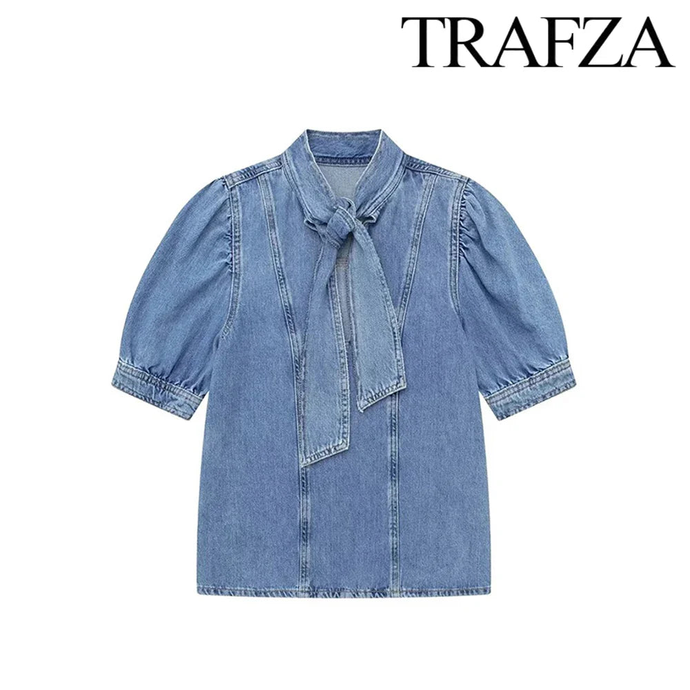 Women's Vintage Denim Two-Piece Set Bow Tie Half Sleeve Shirt and High Waisted Halter Skirt Summer Street Style