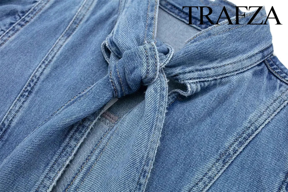 Women's Vintage Denim Two-Piece Set Bow Tie Half Sleeve Shirt and High Waisted Halter Skirt Summer Street Style