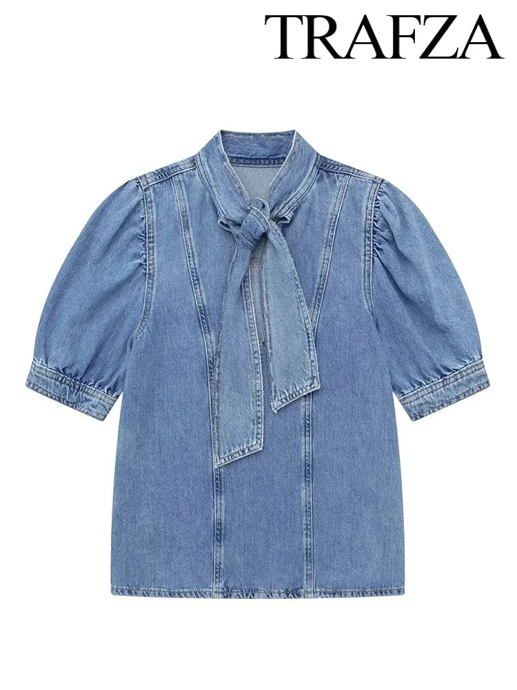 Women's Vintage Denim Two-Piece Set Bow Tie Half Sleeve Shirt and High Waisted Halter Skirt Summer Street Style