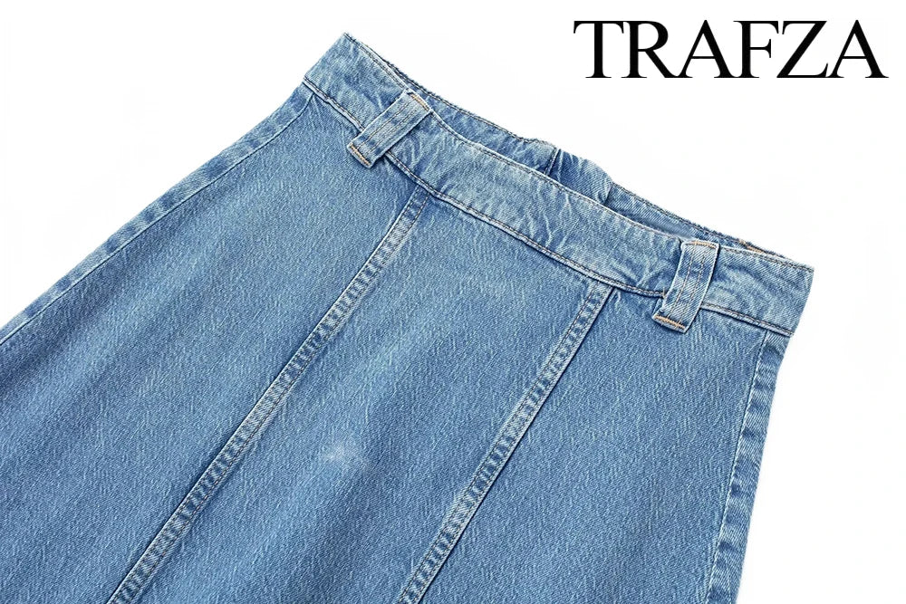 Women's Vintage Denim Two-Piece Set Bow Tie Half Sleeve Shirt and High Waisted Halter Skirt Summer Street Style