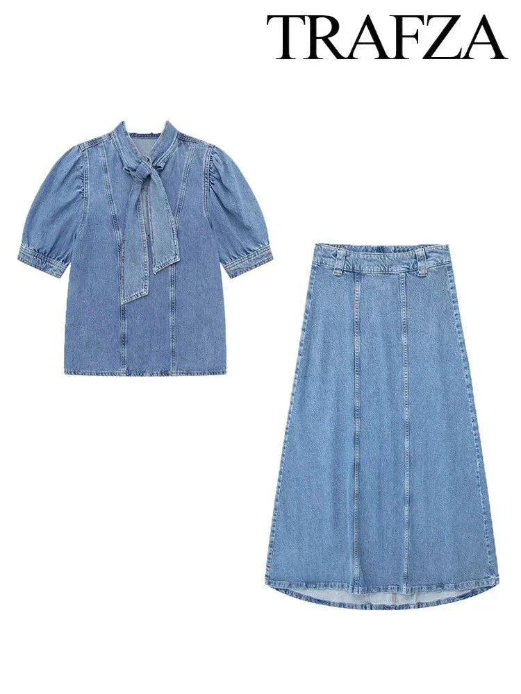 Women's Vintage Denim Two-Piece Set Bow Tie Half Sleeve Shirt and High Waisted Halter Skirt Summer Street Style