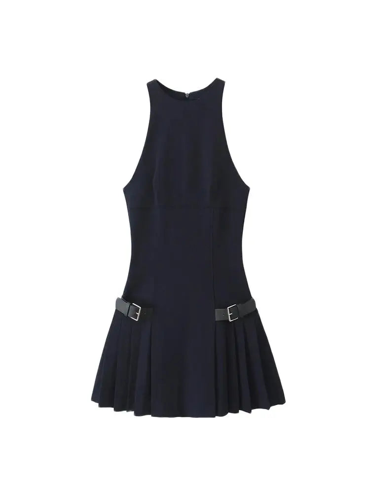 Chic Pleated Mini Dress for Women with Side Loops and Halter Neck Elegant Back Zipper Stylish Female Dress