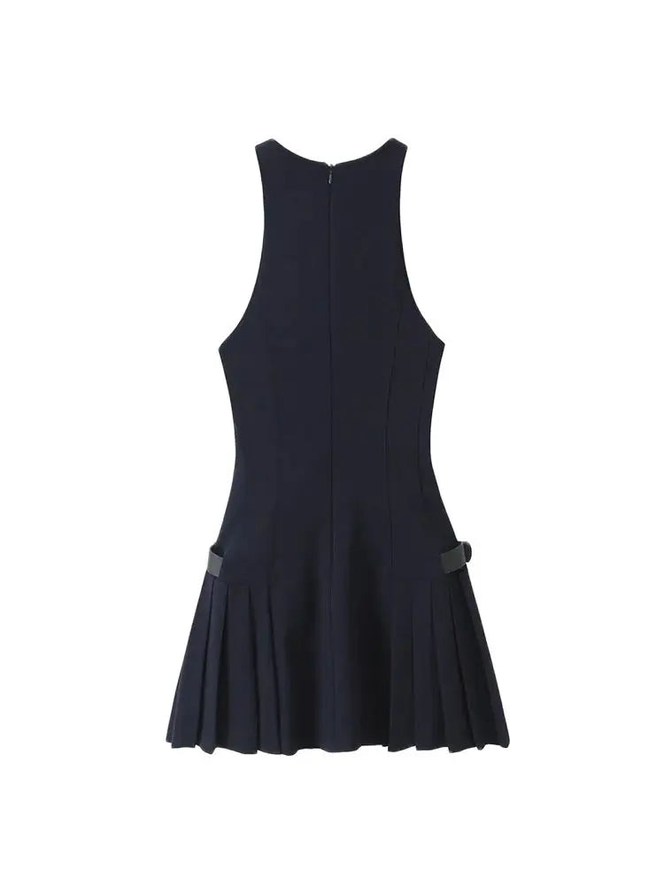 Chic Pleated Mini Dress for Women with Side Loops and Halter Neck Elegant Back Zipper Stylish Female Dress