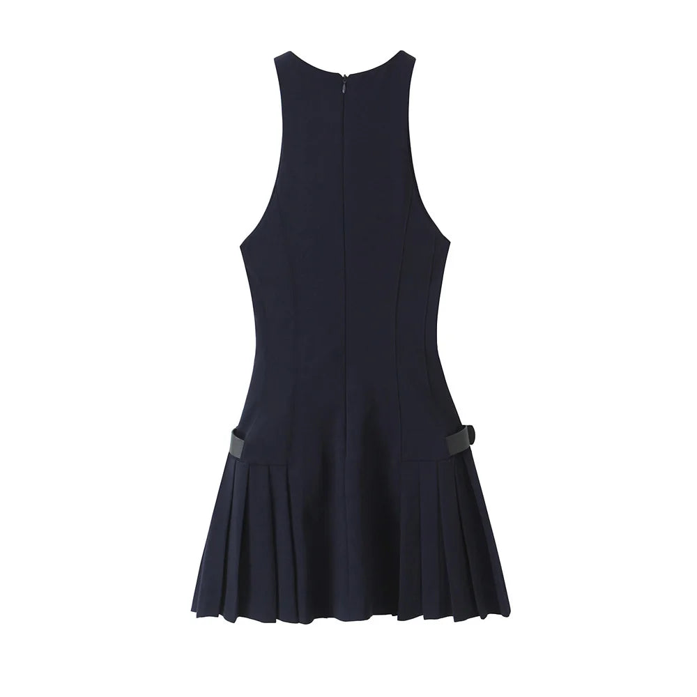 Chic Pleated Mini Dress for Women with Side Loops and Halter Neck Elegant Back Zipper Stylish Female Dress