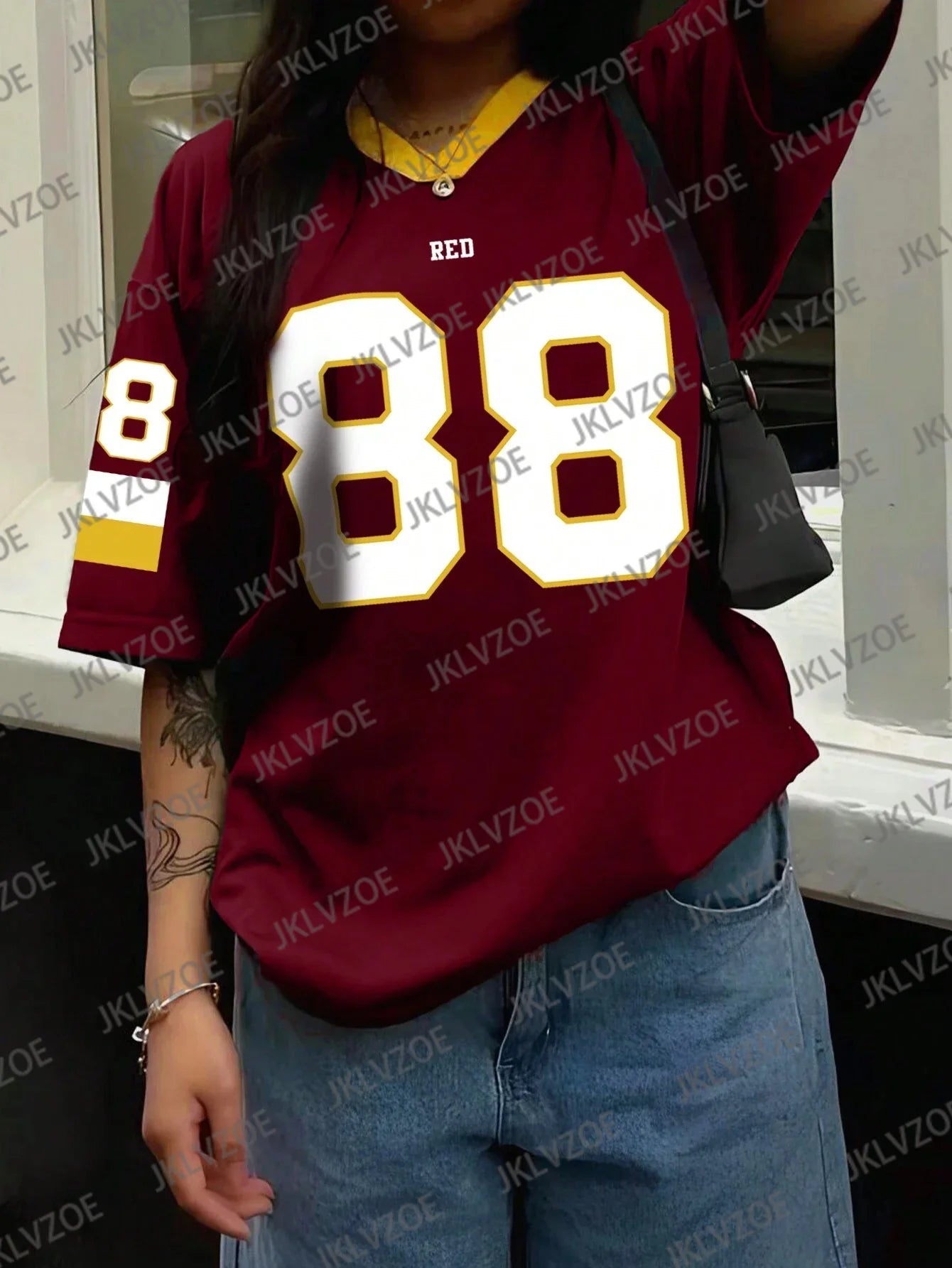 Summer Women's Oversized Red V-Neck T-Shirt Number 88 Short Sleeve Casual Sporty 3D Print Streetwear Top