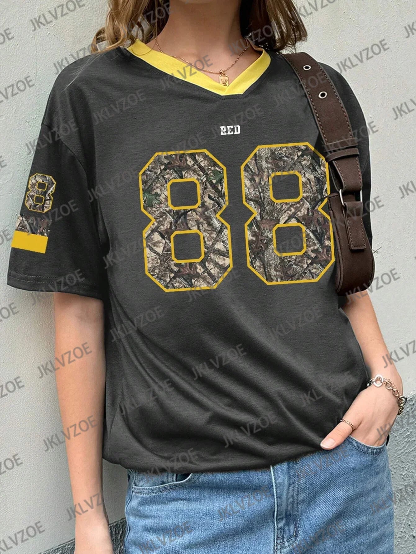 Summer Women's Oversized Red V-Neck T-Shirt Number 88 Short Sleeve Casual Sporty 3D Print Streetwear Top