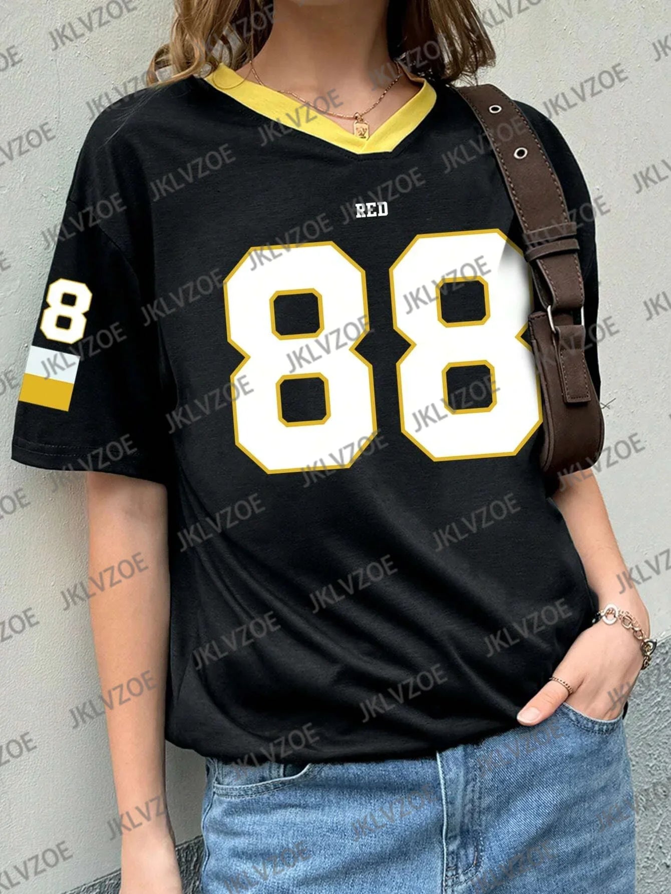 Summer Women's Oversized Red V-Neck T-Shirt Number 88 Short Sleeve Casual Sporty 3D Print Streetwear Top