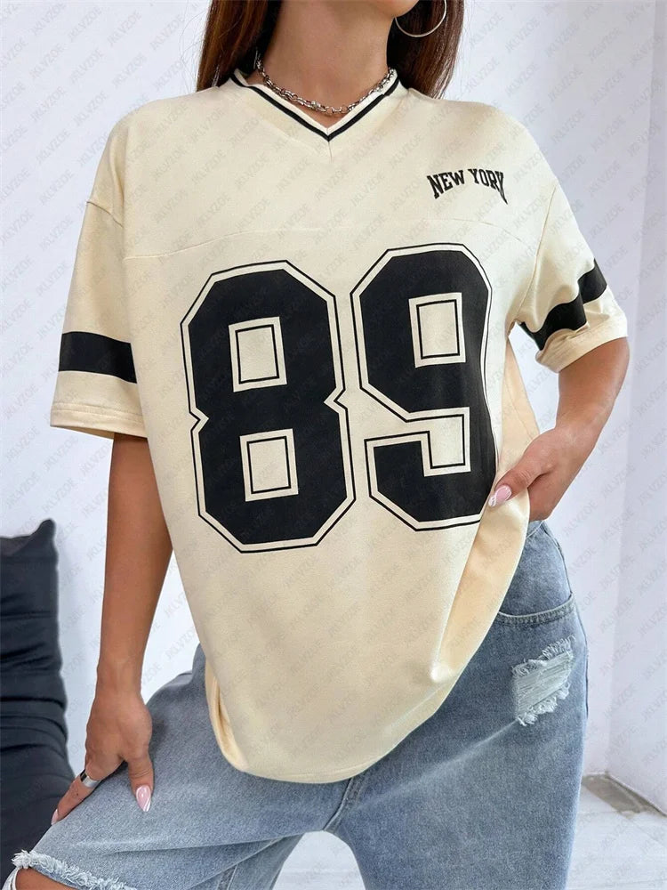 Summer Women's Oversized Red V-Neck T-Shirt Number 88 Short Sleeve Casual Sporty 3D Print Streetwear Top