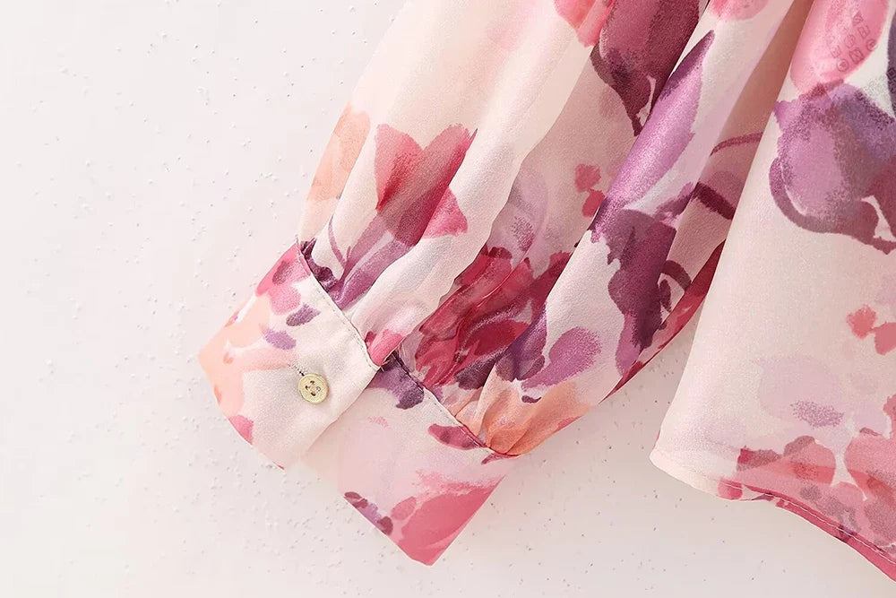 Women's Two Piece Floral Print Long Sleeve Single Breasted Casual Shirt Top and High Waist A-Line Pleated Skirt Set