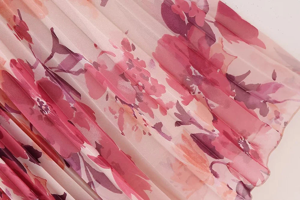 Women's Two Piece Floral Print Long Sleeve Single Breasted Casual Shirt Top and High Waist A-Line Pleated Skirt Set