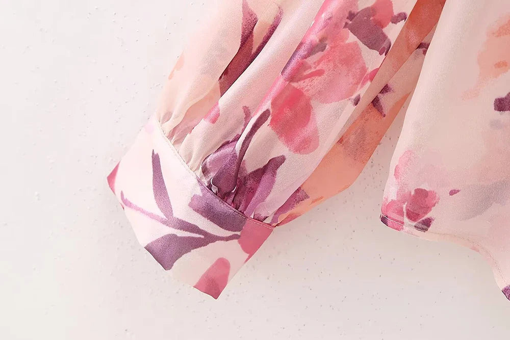 Women's Two Piece Floral Print Long Sleeve Single Breasted Casual Shirt Top and High Waist A-Line Pleated Skirt Set