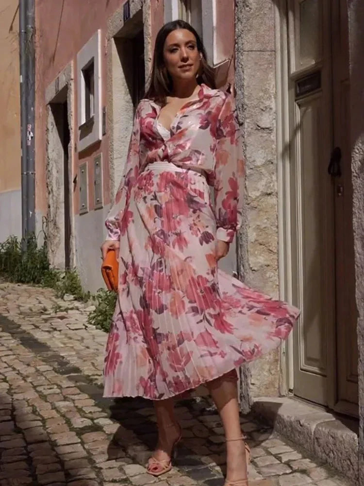 Women's Two Piece Floral Print Long Sleeve Single Breasted Casual Shirt Top and High Waist A-Line Pleated Skirt Set