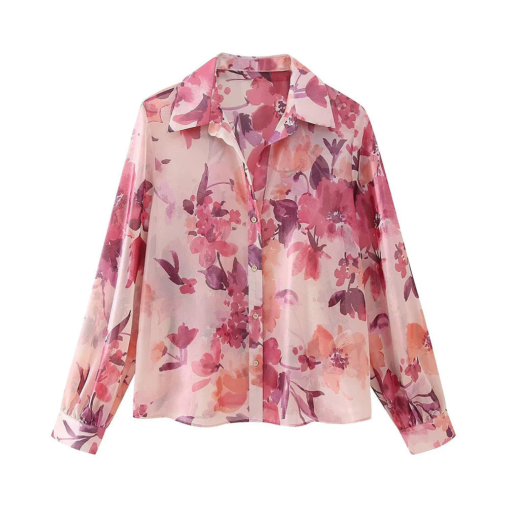 Women's Two Piece Floral Print Long Sleeve Single Breasted Casual Shirt Top and High Waist A-Line Pleated Skirt Set
