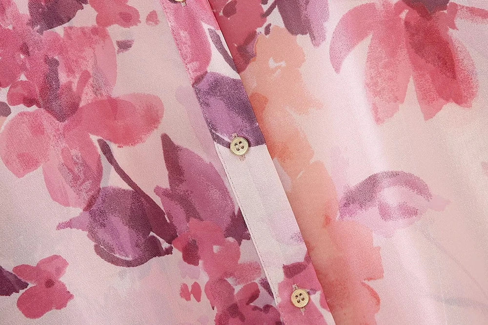 Women's Two Piece Floral Print Long Sleeve Single Breasted Casual Shirt Top and High Waist A-Line Pleated Skirt Set