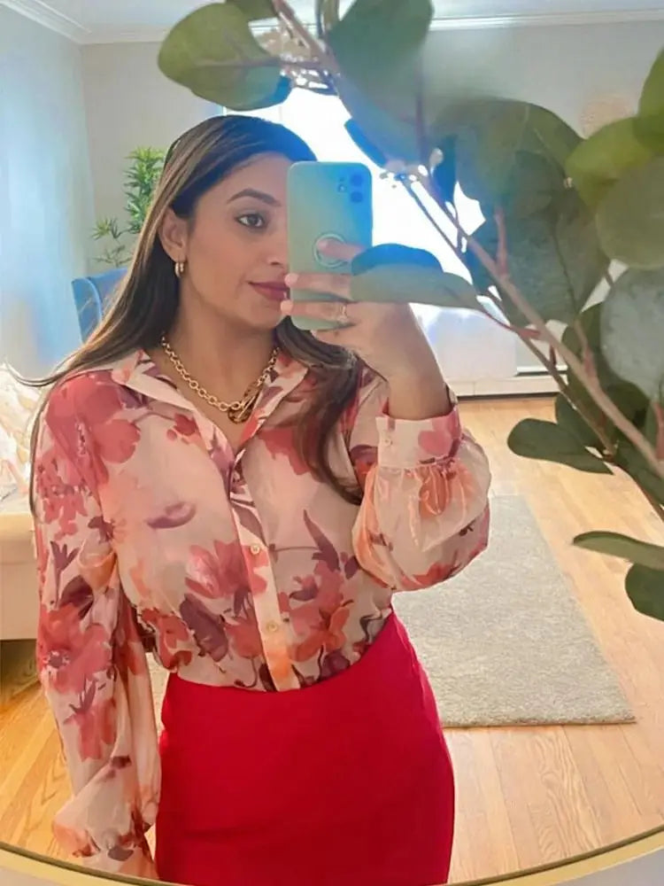 Women's Two Piece Floral Print Long Sleeve Single Breasted Casual Shirt Top and High Waist A-Line Pleated Skirt Set