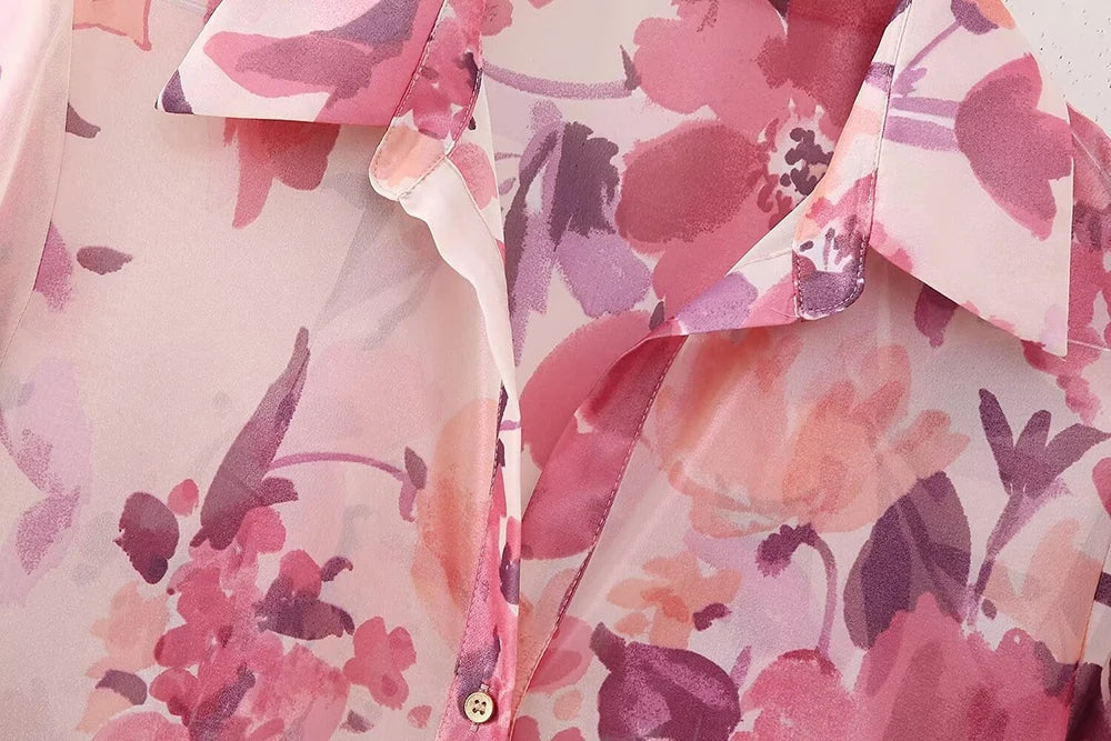 Women's Two Piece Floral Print Long Sleeve Single Breasted Casual Shirt Top and High Waist A-Line Pleated Skirt Set