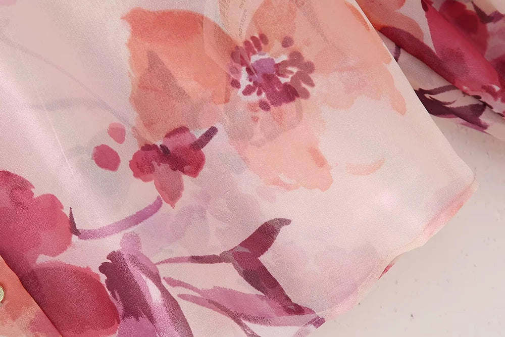 Women's Two Piece Floral Print Long Sleeve Single Breasted Casual Shirt Top and High Waist A-Line Pleated Skirt Set