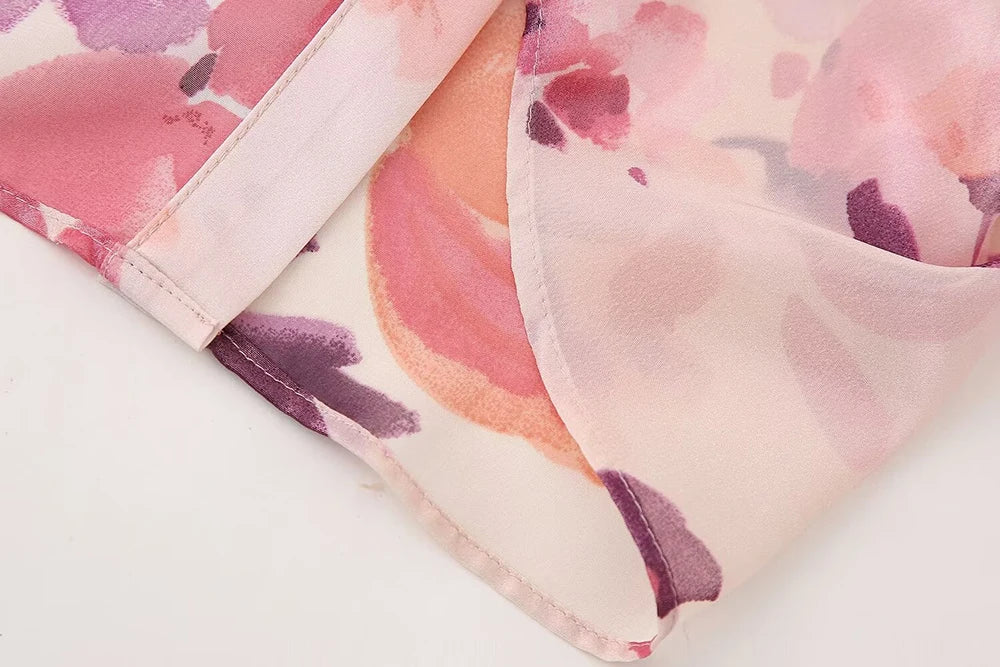 Women's Two Piece Floral Print Long Sleeve Single Breasted Casual Shirt Top and High Waist A-Line Pleated Skirt Set