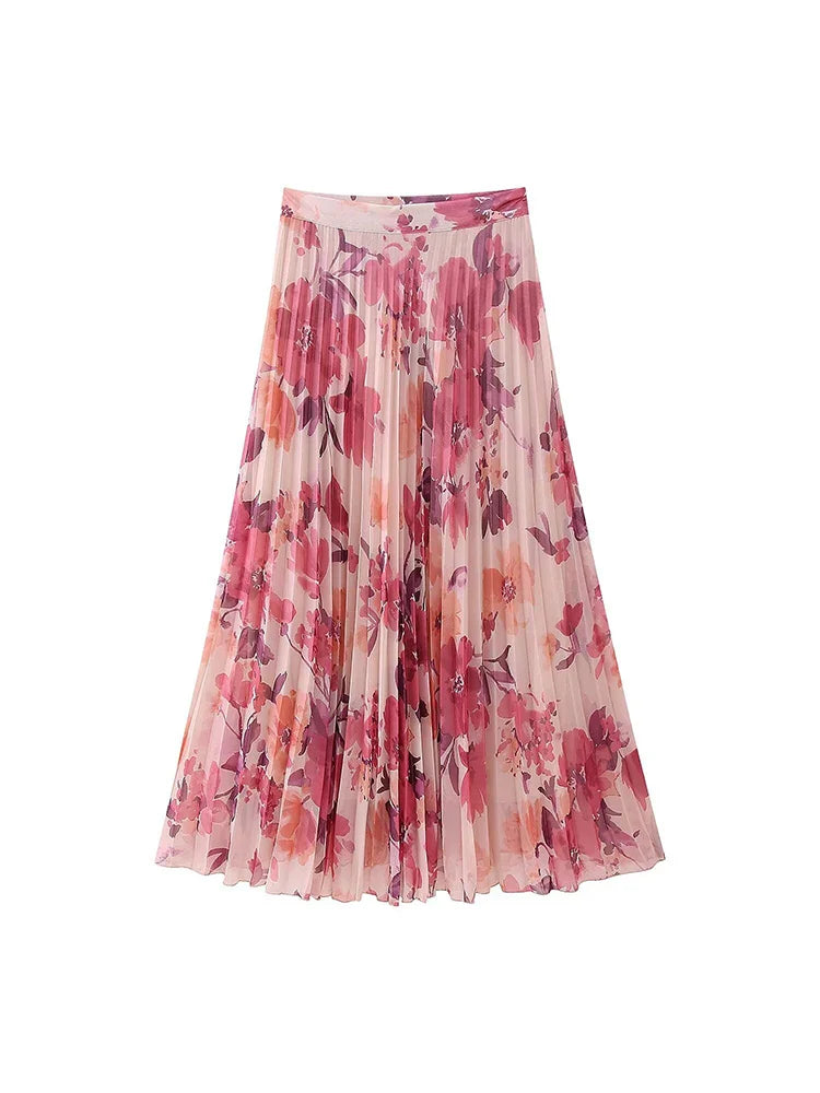 Women's Two Piece Floral Print Long Sleeve Single Breasted Casual Shirt Top and High Waist A-Line Pleated Skirt Set