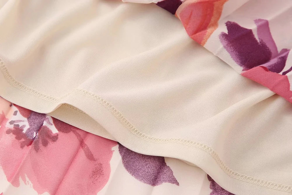 Women's Two Piece Floral Print Long Sleeve Single Breasted Casual Shirt Top and High Waist A-Line Pleated Skirt Set