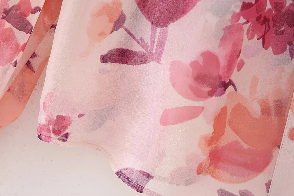 Women's Two Piece Floral Print Long Sleeve Single Breasted Casual Shirt Top and High Waist A-Line Pleated Skirt Set