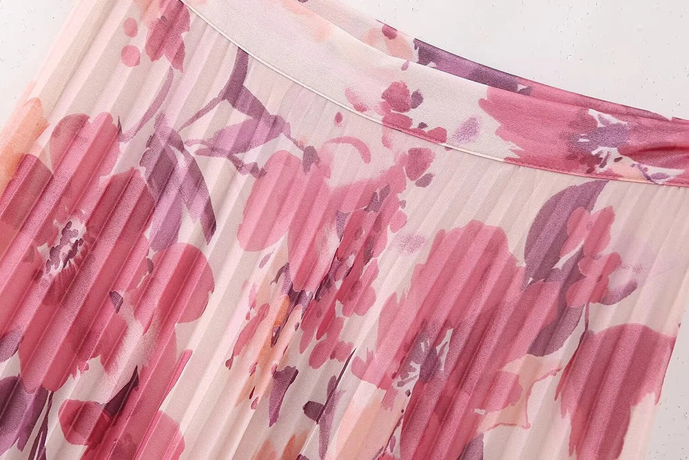 Women's Two Piece Floral Print Long Sleeve Single Breasted Casual Shirt Top and High Waist A-Line Pleated Skirt Set