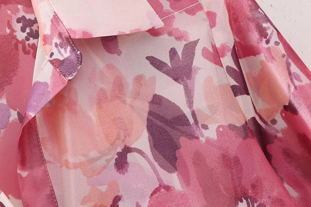 Women's Two Piece Floral Print Long Sleeve Single Breasted Casual Shirt Top and High Waist A-Line Pleated Skirt Set