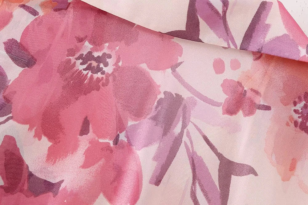 Women's Two Piece Floral Print Long Sleeve Single Breasted Casual Shirt Top and High Waist A-Line Pleated Skirt Set