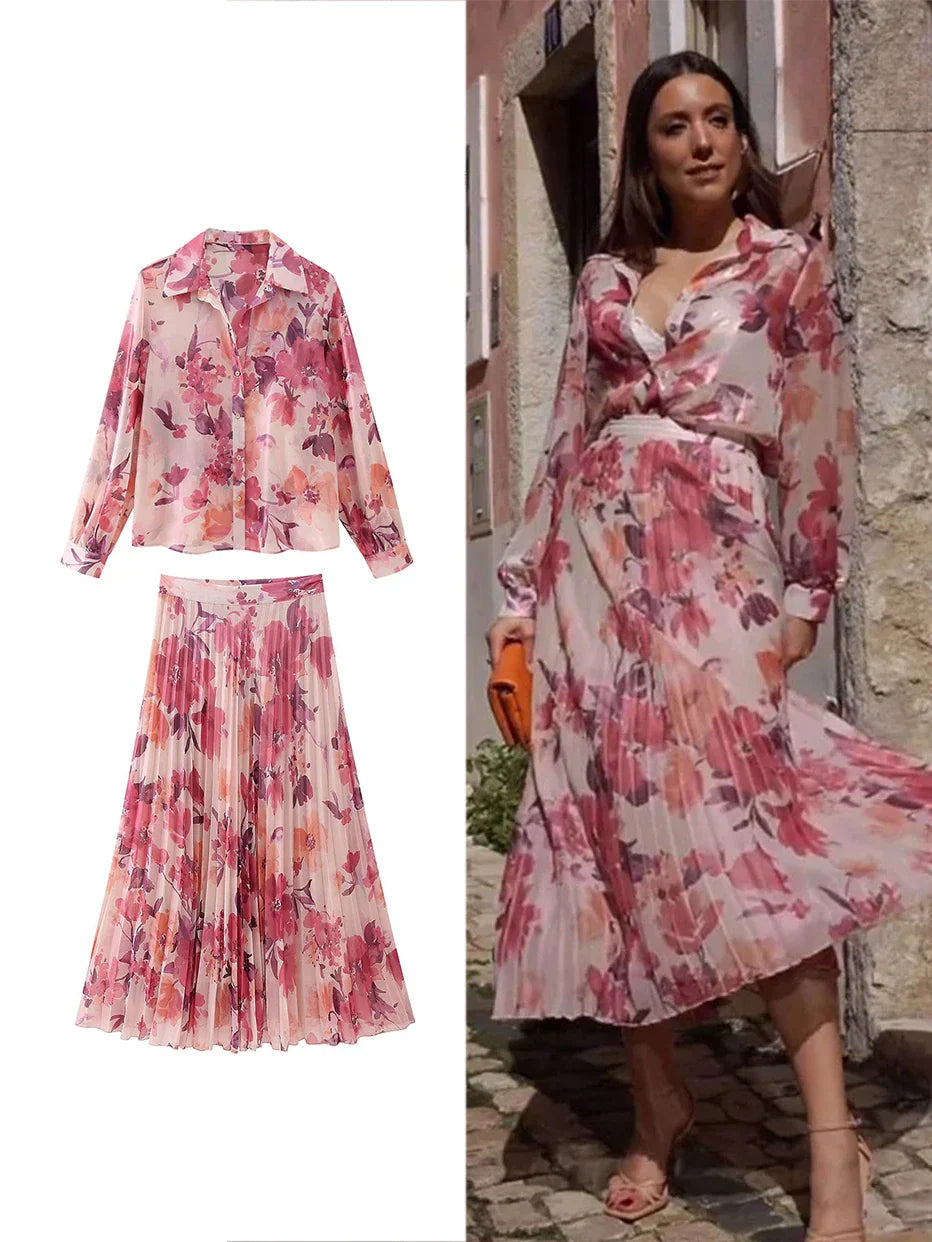 Women's Two Piece Floral Print Long Sleeve Single Breasted Casual Shirt Top and High Waist A-Line Pleated Skirt Set
