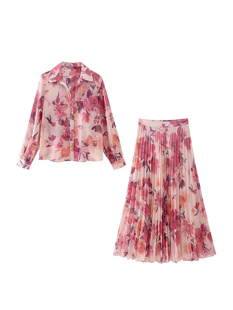 Women's Two Piece Floral Print Long Sleeve Single Breasted Casual Shirt Top and High Waist A-Line Pleated Skirt Set