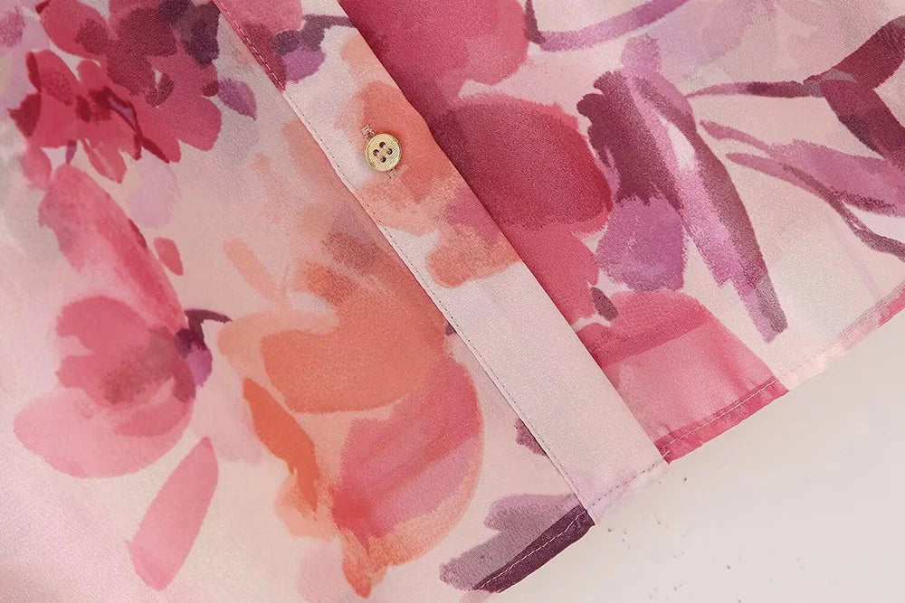 Women's Two Piece Floral Print Long Sleeve Single Breasted Casual Shirt Top and High Waist A-Line Pleated Skirt Set