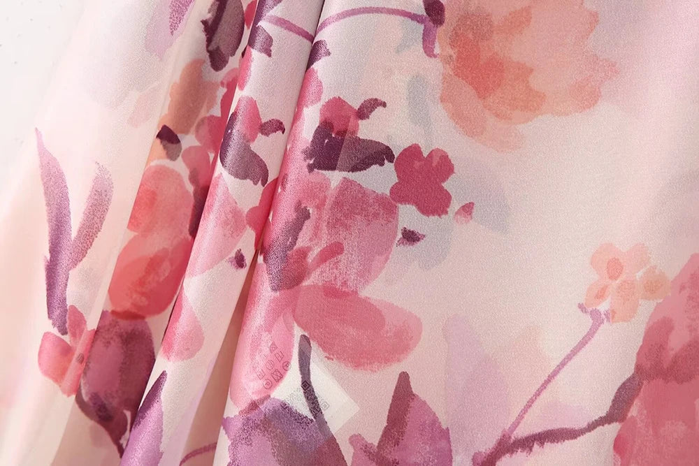 Women's Two Piece Floral Print Long Sleeve Single Breasted Casual Shirt Top and High Waist A-Line Pleated Skirt Set