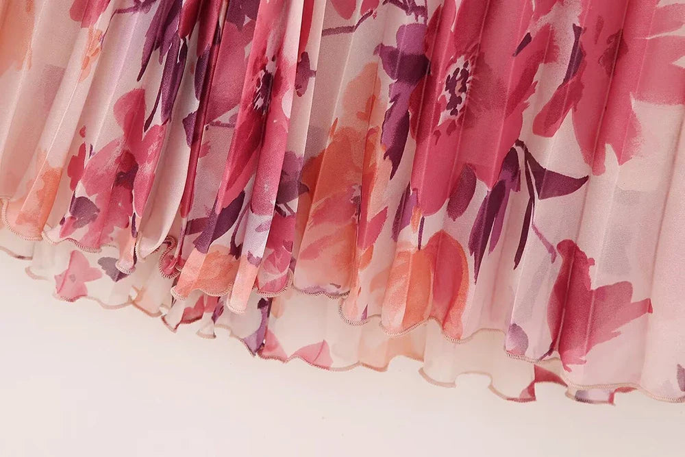 Women's Two Piece Floral Print Long Sleeve Single Breasted Casual Shirt Top and High Waist A-Line Pleated Skirt Set