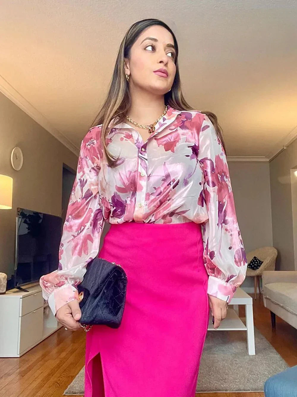 Women's Two Piece Floral Print Long Sleeve Single Breasted Casual Shirt Top and High Waist A-Line Pleated Skirt Set