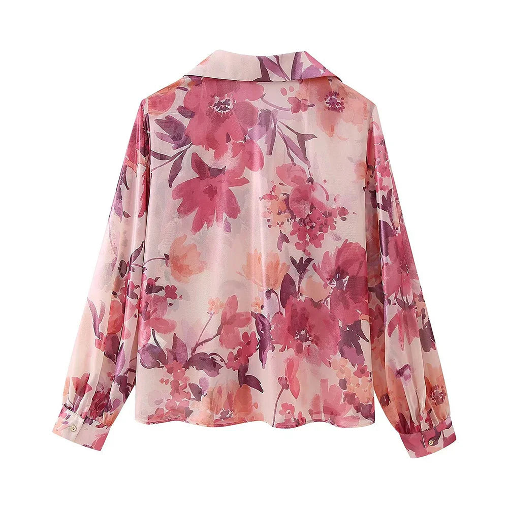 Women's Two Piece Floral Print Long Sleeve Single Breasted Casual Shirt Top and High Waist A-Line Pleated Skirt Set
