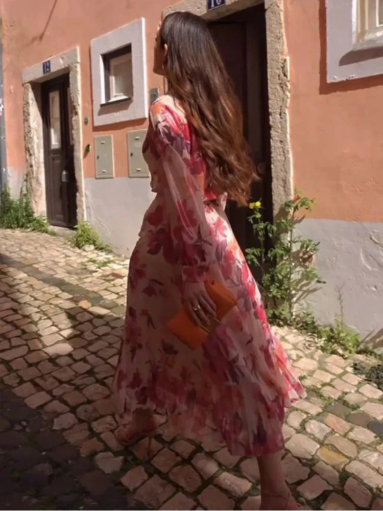 Women's Two Piece Floral Print Long Sleeve Single Breasted Casual Shirt Top and High Waist A-Line Pleated Skirt Set