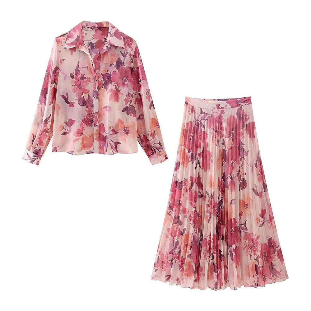 Women's Two Piece Floral Print Long Sleeve Single Breasted Casual Shirt Top and High Waist A-Line Pleated Skirt Set
