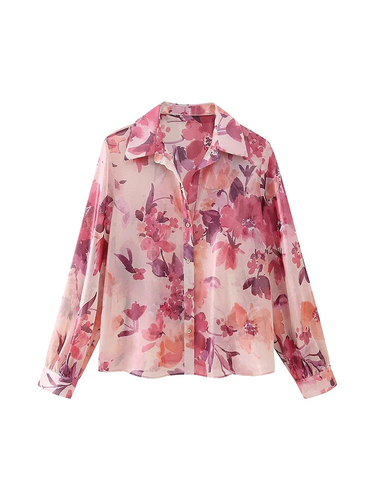 Women's Two Piece Floral Print Long Sleeve Single Breasted Casual Shirt Top and High Waist A-Line Pleated Skirt Set
