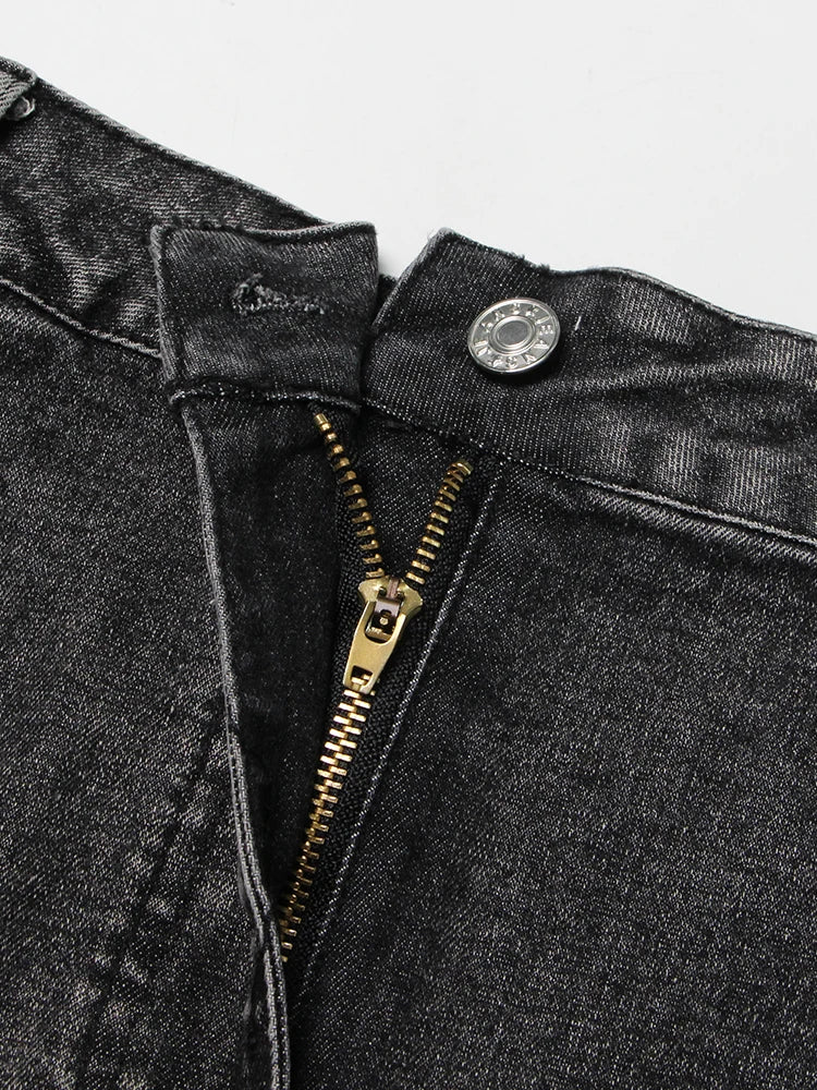 Black Denim Two Piece Set for Women with Lapel Long Sleeve Crop Top and High Waist Patchwork Pocket Mini Skirt