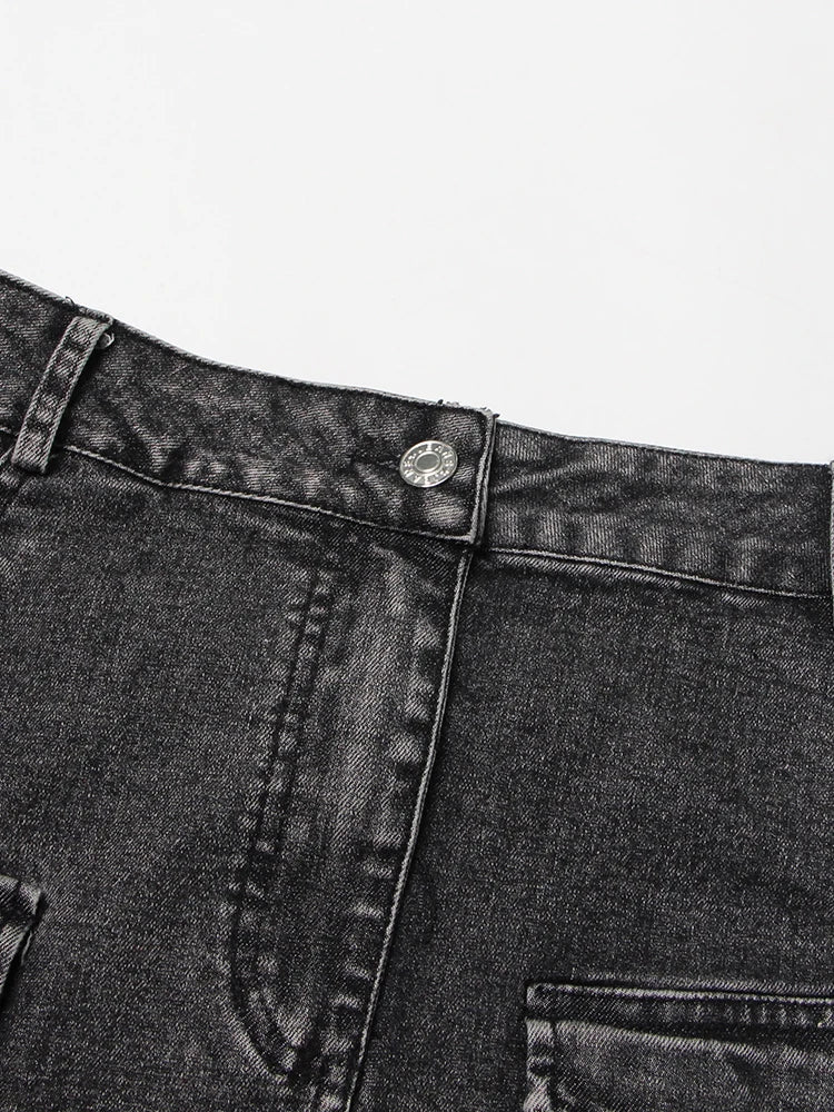 Black Denim Two Piece Set for Women with Lapel Long Sleeve Crop Top and High Waist Patchwork Pocket Mini Skirt