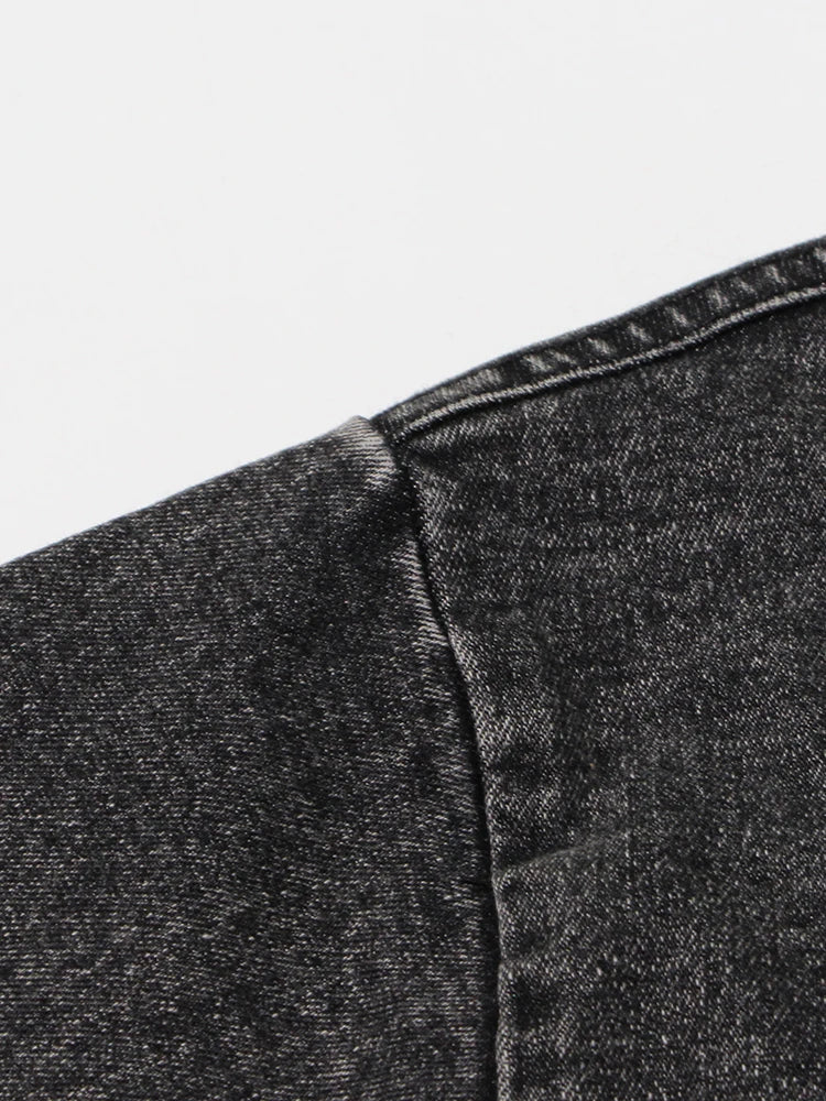 Black Denim Two Piece Set for Women with Lapel Long Sleeve Crop Top and High Waist Patchwork Pocket Mini Skirt