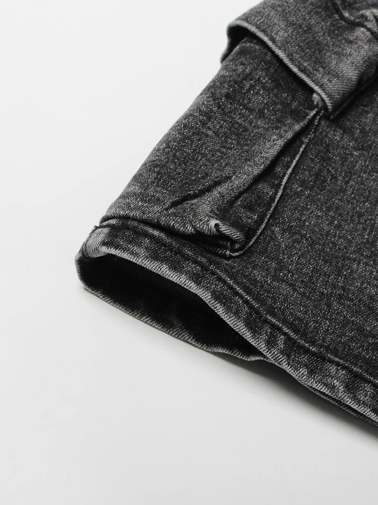 Black Denim Two Piece Set for Women with Lapel Long Sleeve Crop Top and High Waist Patchwork Pocket Mini Skirt