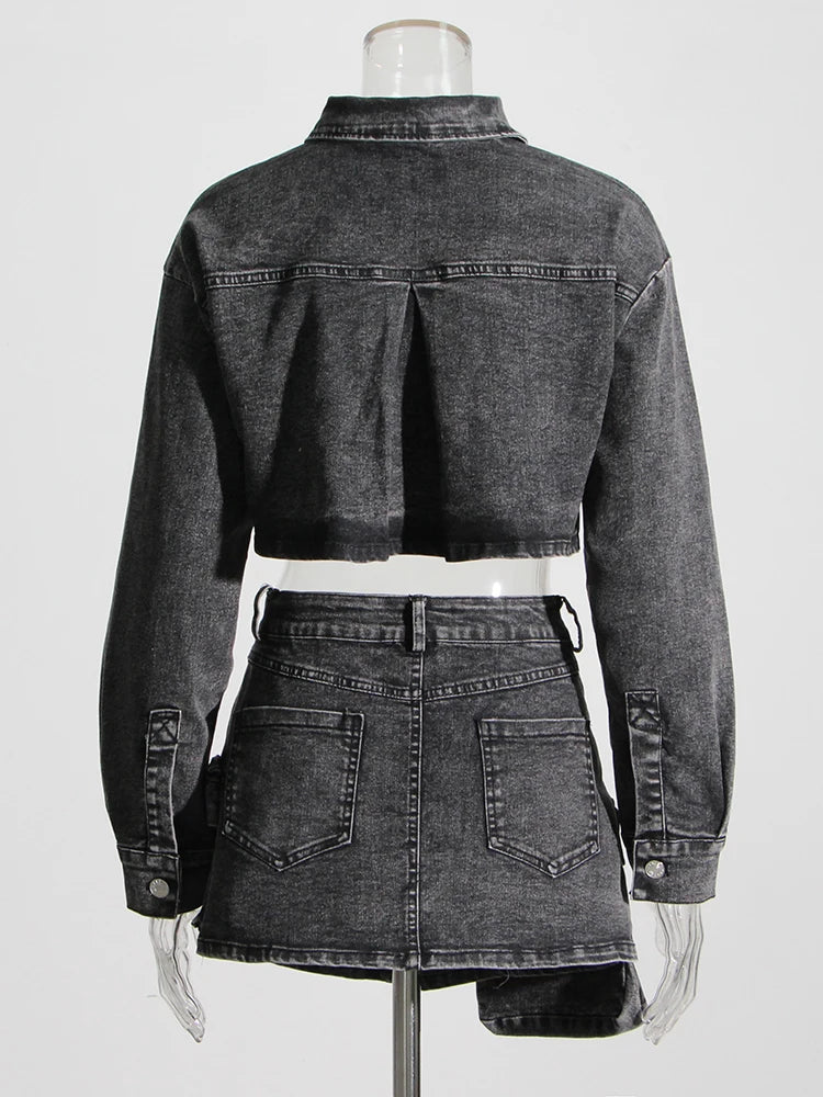 Black Denim Two Piece Set for Women with Lapel Long Sleeve Crop Top and High Waist Patchwork Pocket Mini Skirt