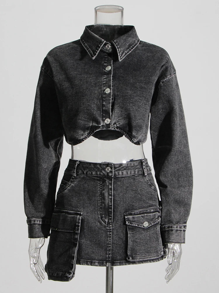 Black Denim Two Piece Set for Women with Lapel Long Sleeve Crop Top and High Waist Patchwork Pocket Mini Skirt
