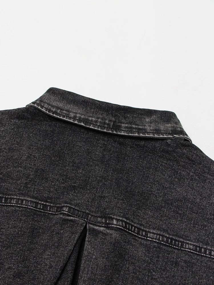 Black Denim Two Piece Set for Women with Lapel Long Sleeve Crop Top and High Waist Patchwork Pocket Mini Skirt